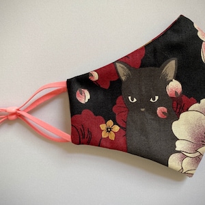 Gray Cat Face Mask in Comfortable Design! Japanese Neko cat/flowers print in black background, Handmade in USA, Fabric printed in Japan