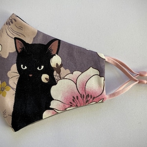 Black Cat Face Mask in Comfortable Design! Japanese Neko cats and flowers print, Premium cotton from Japan, Handmade in USA