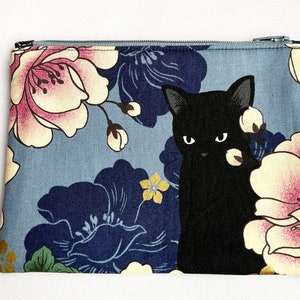 Black Neko Cat Zipper Pouch in Blue fully lined and interfaced for softer and sturdier feel, Handmade with love in USA, Fabric made in Japan
