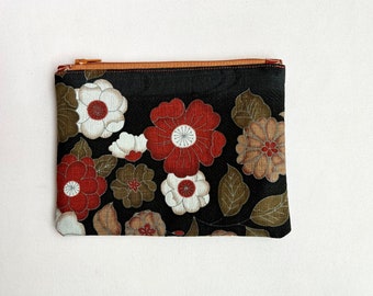 Autumn Flower print Zipper Pouch in black Japanese fabric fully lined and interfaced for softer & sturdier feel, Handmade with love in USA