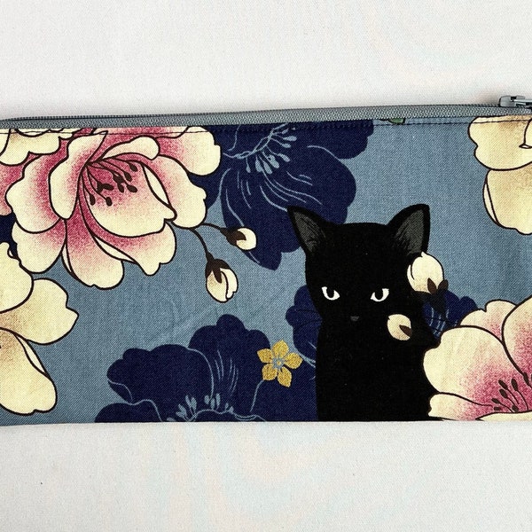 Black Neko Cat Pencil Case in Blue, fully lined and interfaced for softer and sturdier feel, Handmade with love in USA, Fabric made in Japan