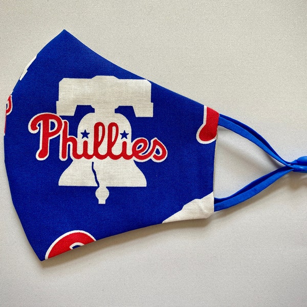 Philadelphia Phillies MLB Masque facial, 100% coton avec poche filtrante, fait à la main aux États-Unis, tailles adulte et enfant, fil de nez en option et 3ème couche
