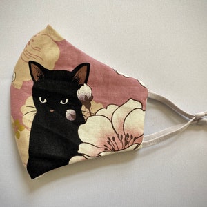 Black Cat Face Mask in Comfortable Design! Japanese Neko cats and flowers print, Premium cotton from Japan, Handmade in USA