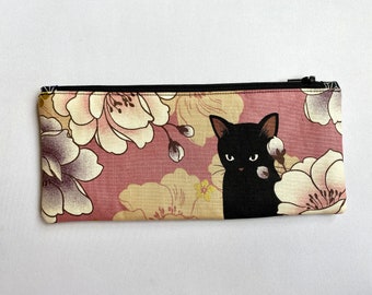 Black Neko Cat Pencil Case in Pink, fully lined and interfaced for softer and sturdier feel, Handmade with love in USA, Fabric made in Japan