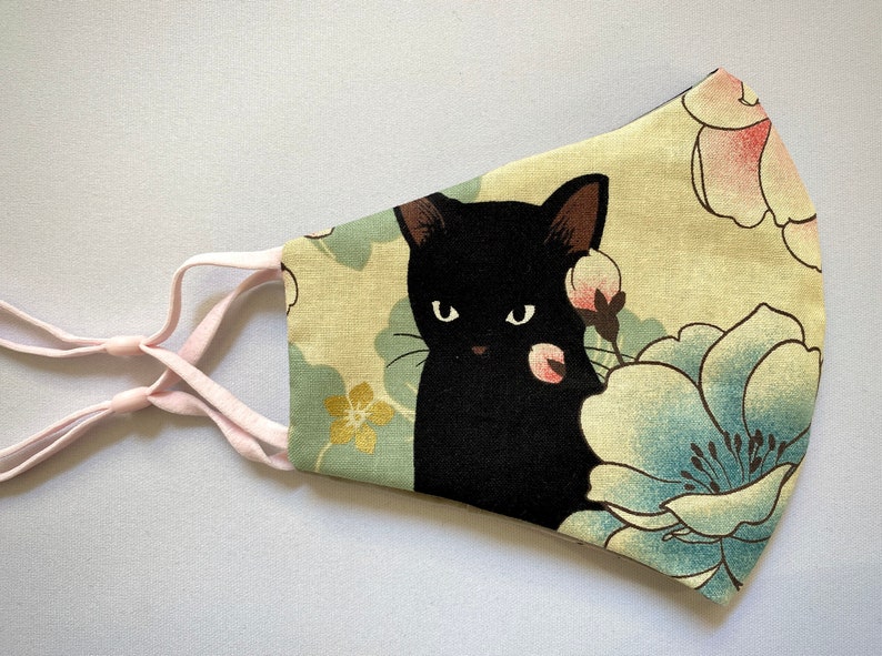 Black Cat Face Mask NEW DESIGN Japanese Neko cats and flowers print, 100% Premium/Organic Cotton, Handmade in USA, Optional Third Layer image 1