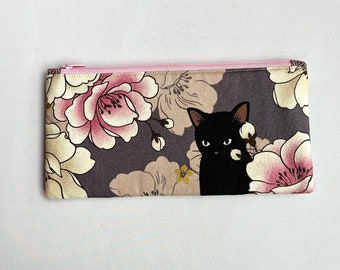 Black Neko Cat Pencil Case in Purple fullylined and interfaced for softer and sturdier feel, Handmade with love in USA, Fabric made in Japan