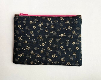 Sakura Navy/Gold print Zipper Pouch fully lined and interfaced for softer & sturdier feel, Handmade with love in USA