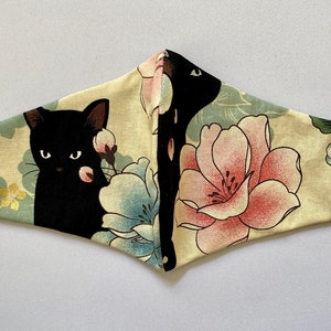 Black Cat Face Mask NEW DESIGN Japanese Neko cats and flowers print, 100% Premium/Organic Cotton, Handmade in USA, Optional Third Layer image 2