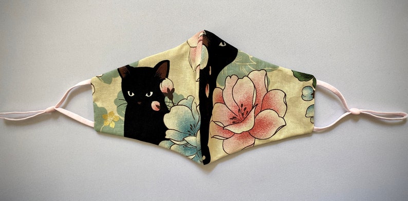 Black Cat Face Mask NEW DESIGN Japanese Neko cats and flowers print, 100% Premium/Organic Cotton, Handmade in USA, Optional Third Layer image 2