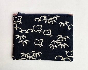 Flying Birds Homespun print Zipper Pouch in Indigo, fully lined and interfaced for softer & sturdier feel, Handmade with love in USA