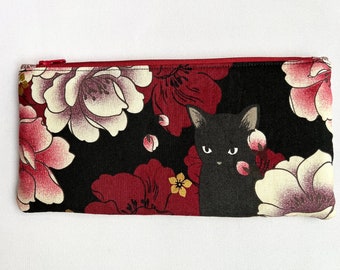 Black Neko Cat Pencil Case in burgundy lined and interfaced for softer and sturdier feel, Handmade with love in USA, Fabric made in Japan