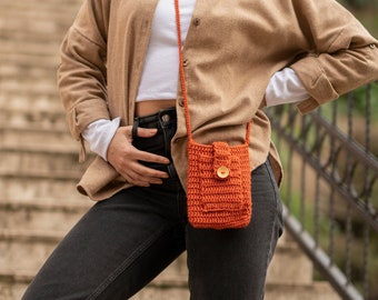 Cell Phone Purse, Crochet Phone Bag, Knit Mini Bag, Girls Purse, Burnt Orange, Crossbody purse