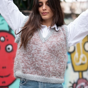 Hand Knit Mohair Vest, Handmade Crop Vest, Knit V neck Vest, Sleeveless Sweater, Loose Fit Vest, Mohair Wool Vest, Women&#39;s Vest