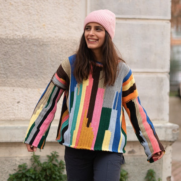 Rainbow Sweater, Handknit Sweater, Women's Handmade Jumper, Crochet Sweater, Colorful Cotton Sweater