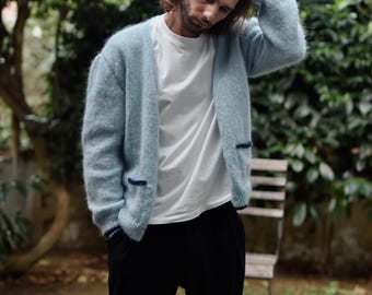 Blue Mohair Cardigan, Kurt Cobain Cardigan, Mens Blue Cardigan