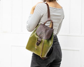 Mini Backpack, Women's Leather Backpack, Green Genuine Leather Backpack, Cute Backpack, aesthetic travel backpack