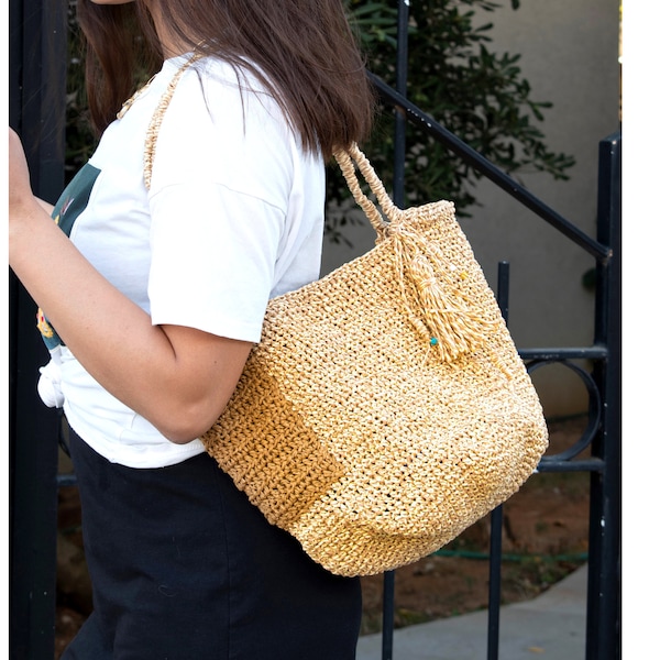 Sac de paille au crochet, Sac tissé, Sac à bandoulière pour femmes, Sac en tricot, Sac d’été au crochet