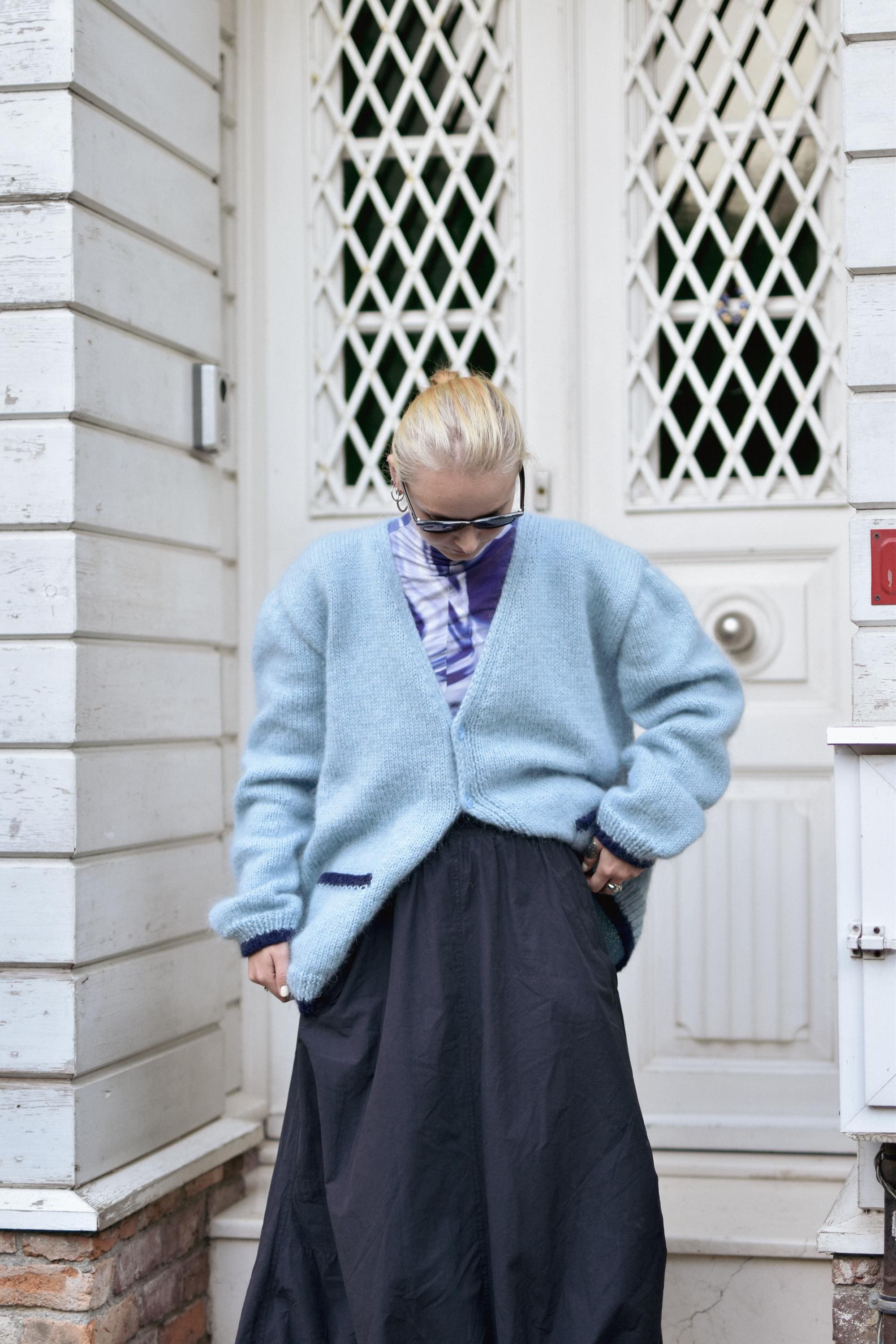 『TEN MOHAIR CARDIGAN BLUE M』 Blue Mohair Cardigan, Kurt Cobain Cardigan, Mens Blue Cardigan