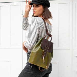 Mini Backpack, Women's Leather Backpack, Green Genuine Leather Backpack, Cute Backpack, aesthetic travel backpack image 3