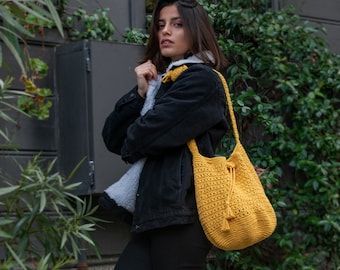 Sac seau jaune Sac en tricot Moutarde Sac au crochet Sac bandoulière au crochet Sac en tricot fait main