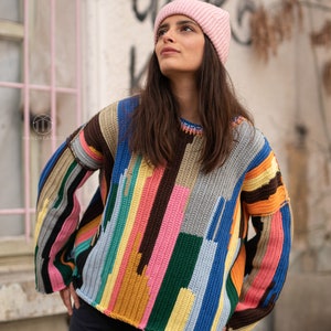 Rainbow Sweater, Handknit Sweater, Women's Handmade Jumper, Crochet Sweater, Colorful Cotton Sweater image 4