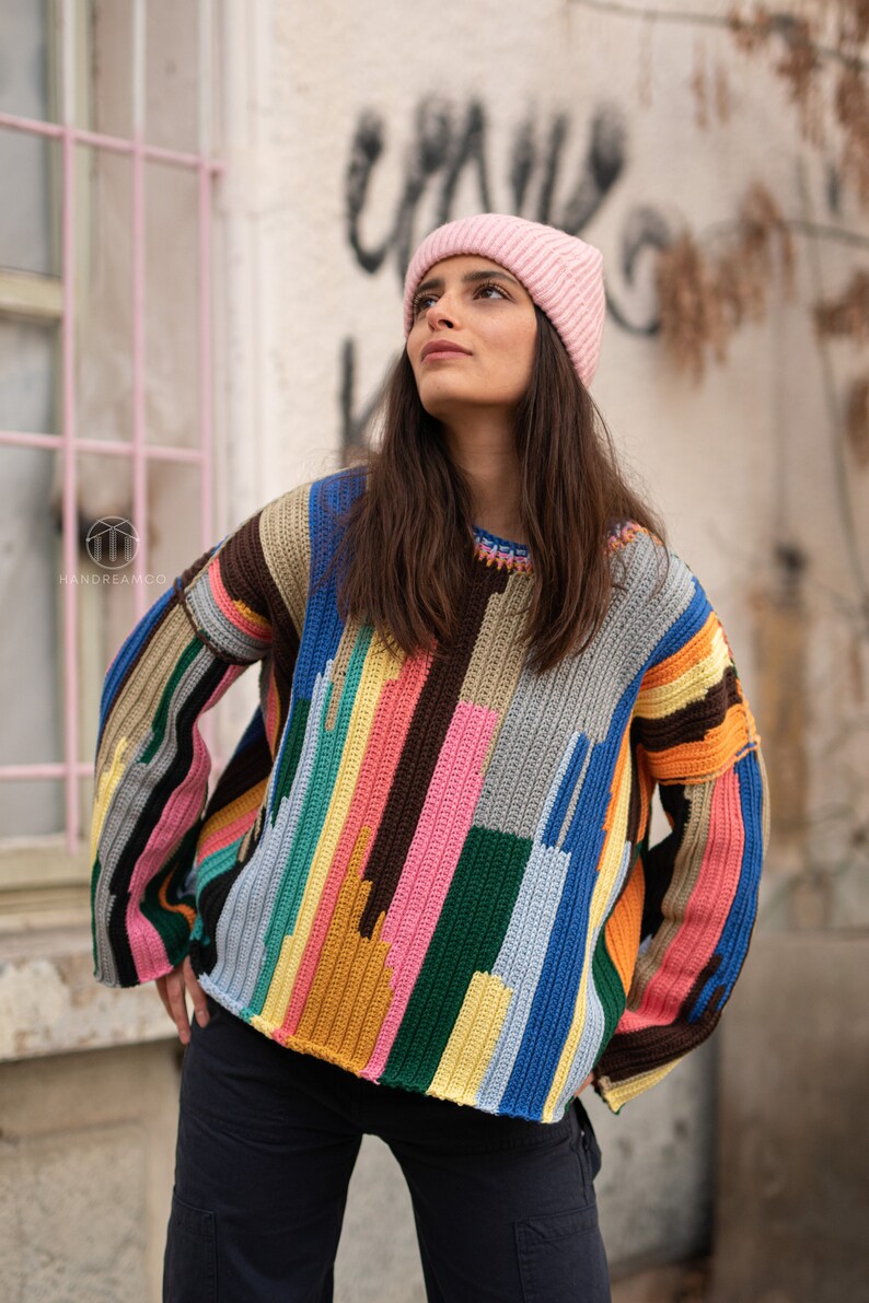 Rainbow Sweater, Handknit Sweater, Women's Handmade Jumper, Crochet Sweater, Colorful Cotton Sweater image 4