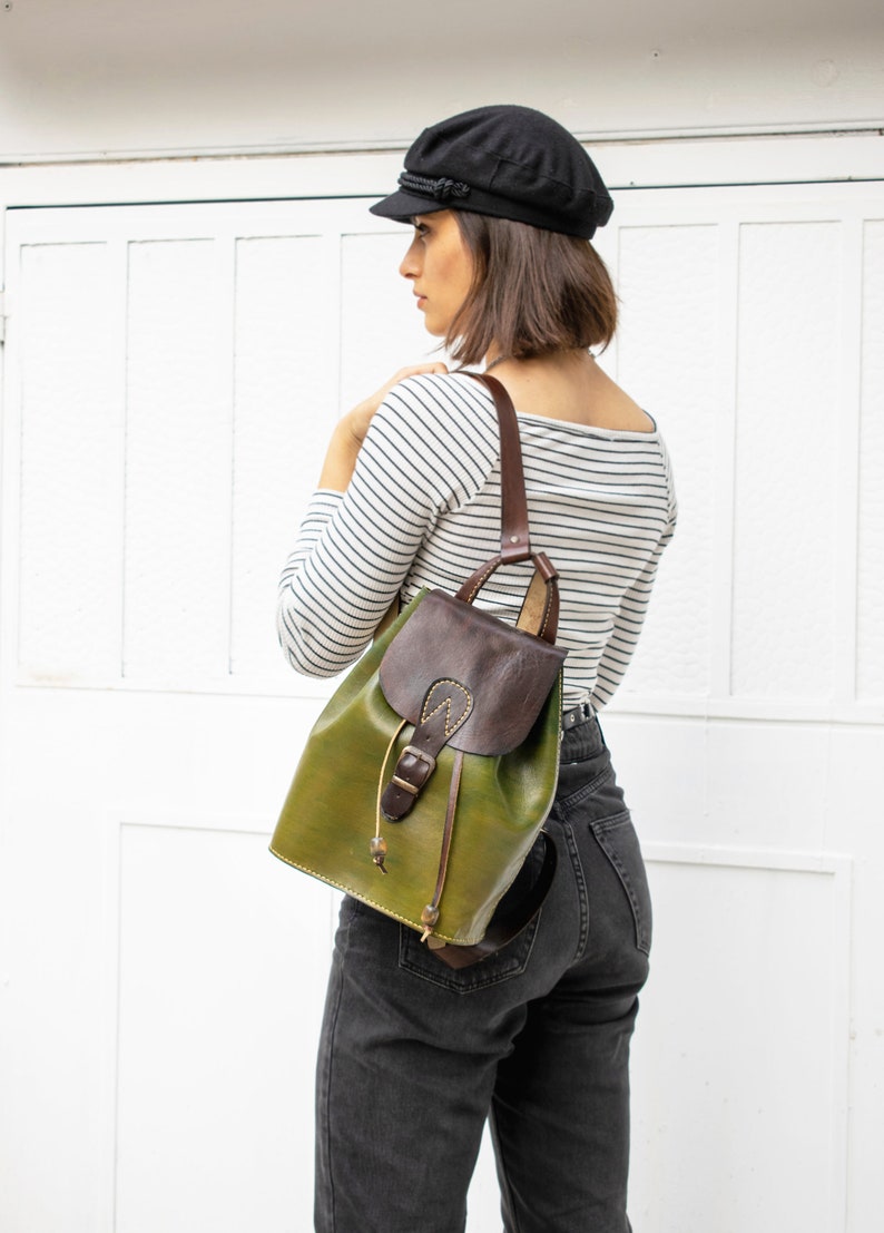 Mini Backpack, Women's Leather Backpack, Green Genuine Leather Backpack, Cute Backpack, aesthetic travel backpack image 1