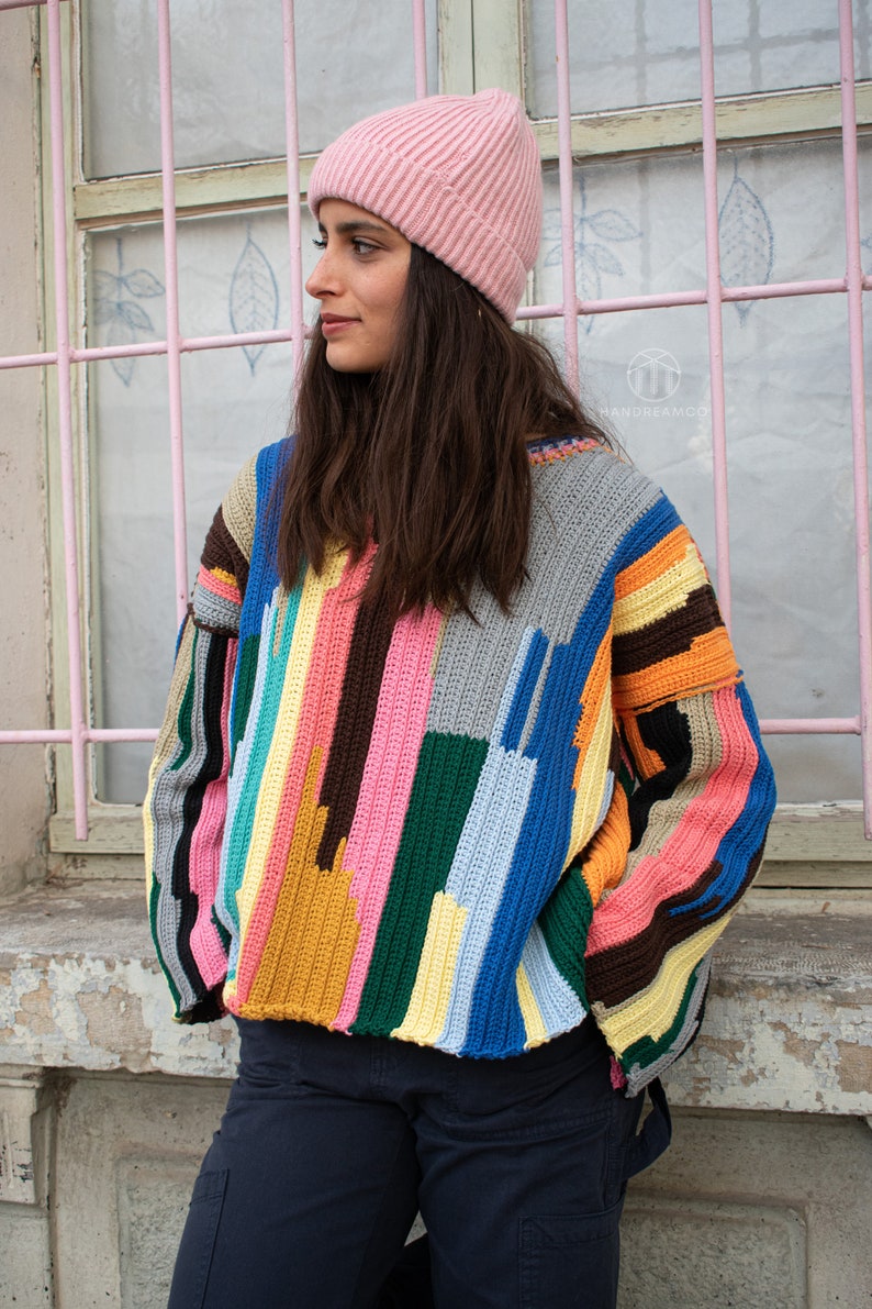 Rainbow Sweater, Handknit Sweater, Women's Handmade Jumper, Crochet Sweater, Colorful Cotton Sweater image 5