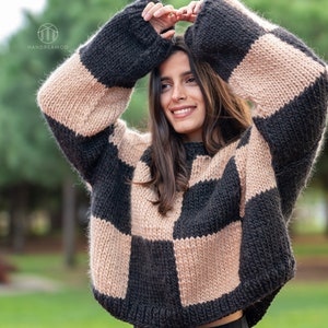 Hand Knit Sweater, Checkered Sweater, Color block jumper, Wool Cardigan, Chunky Sweater image 8