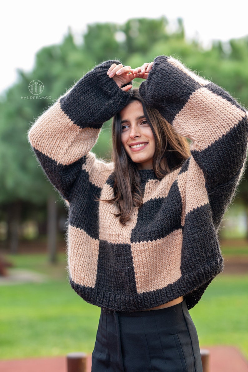 Hand Knit Sweater, Checkered Sweater, Color block jumper, Wool Cardigan, Chunky Sweater image 8