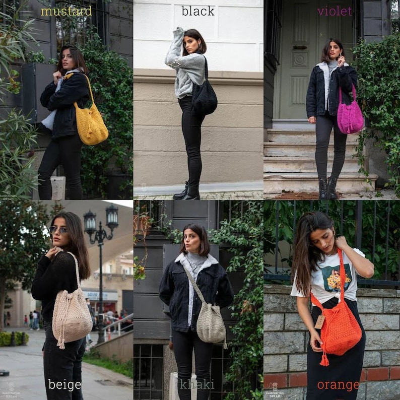 Peut inclure: Six sacs seau en crochet de diff&eacute;rentes couleurs, dont le moutarde, le noir, le violet, le beige, le kaki et l'orange. Chaque sac est port&eacute; par une personne dans une tenue diff&eacute;rente.