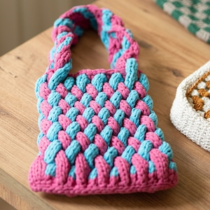 SAMPLE SALE- Crochet Bag,Handmade Bag, Knit Bag, Mini Crochet bag, Womens Shoulder Bag, Checkered Bag, Hand Knit Purse, Crochet Purse