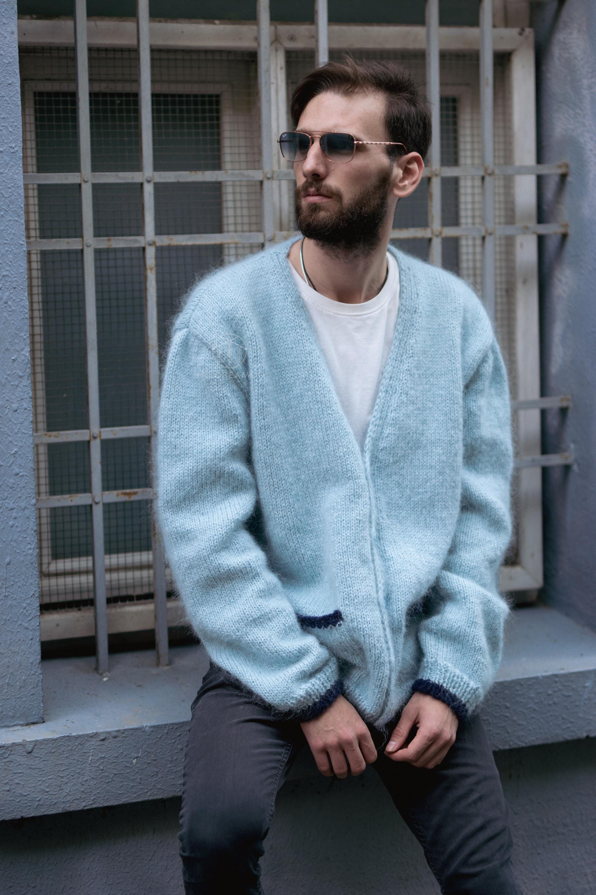 Blue Mohair Cardigan, Kurt Cobain Cardigan, Mens Blue Cardigan