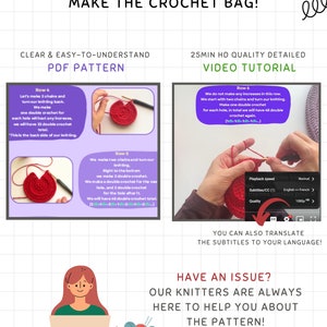May include: An instructional graphic for a crochet bag pattern. The image includes step-by-step instructions with diagrams, a video tutorial, and text that reads "Everything You Need to Make the Crochet Bag!" and "Clear & Easy-to-Understand PDF Pattern."