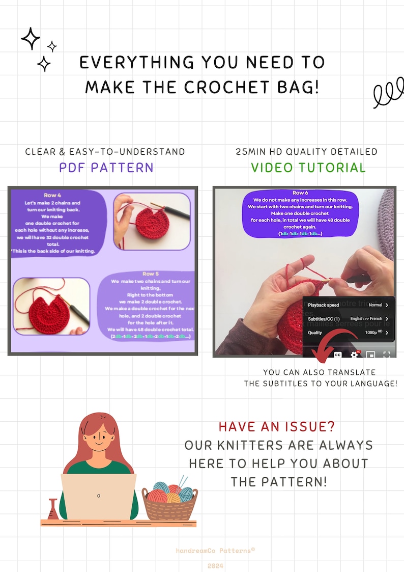 May include: An instructional graphic for a crochet bag pattern. The image includes step-by-step instructions with diagrams, a video tutorial, and text that reads "Everything You Need to Make the Crochet Bag!" and "Clear & Easy-to-Understand PDF Pattern."