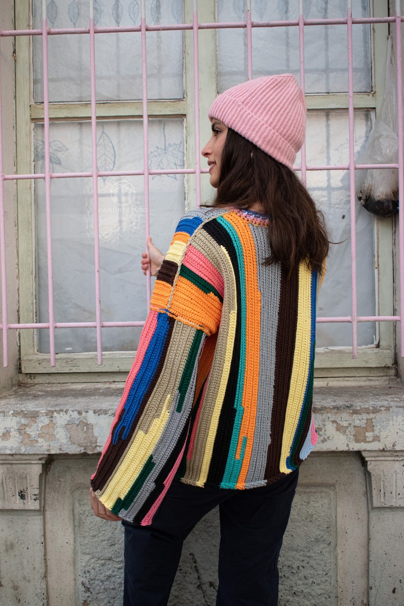 Rainbow Sweater, Handknit Sweater, Women's Handmade Jumper, Crochet Sweater, Colorful Cotton Sweater image 6