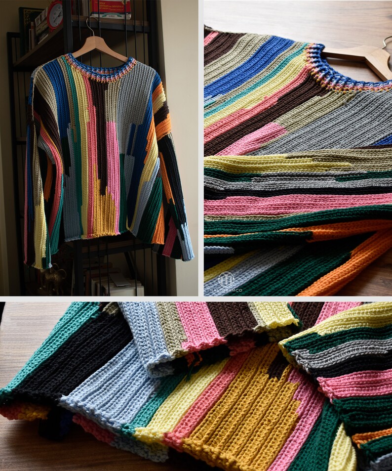 Rainbow Sweater, Handknit Sweater, Women's Handmade Jumper, Crochet Sweater, Colorful Cotton Sweater image 9