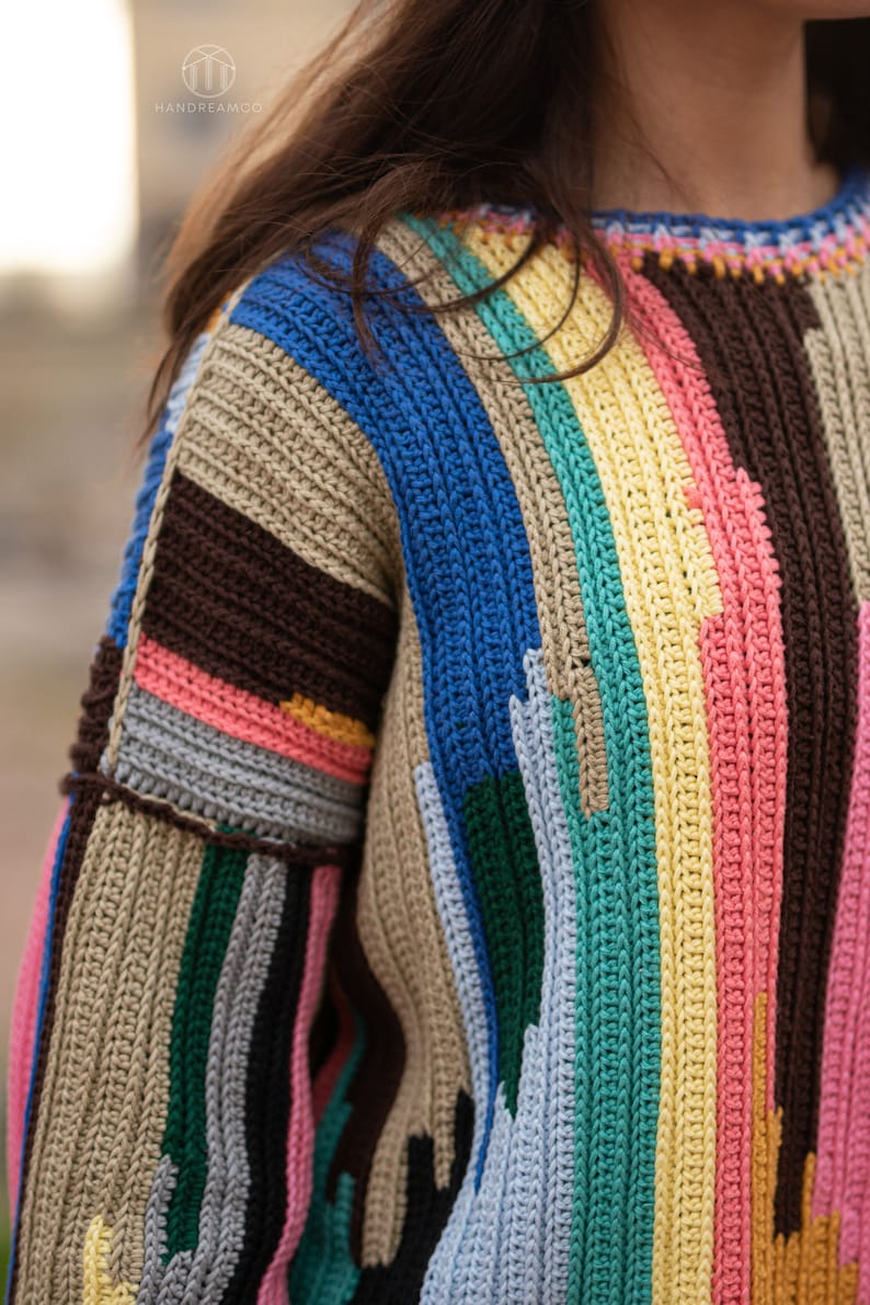 Rainbow Sweater, Handknit Sweater, Women's Handmade Jumper, Crochet Sweater, Colorful Cotton Sweater image 8