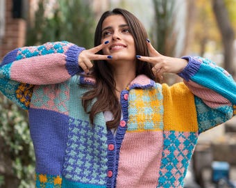 パッチワークカーディガン、ニットカーディガン、かぎ針編み