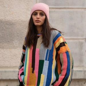 Rainbow Sweater, Handknit Sweater, Women's Handmade Jumper, Crochet Sweater, Colorful Cotton Sweater image 7