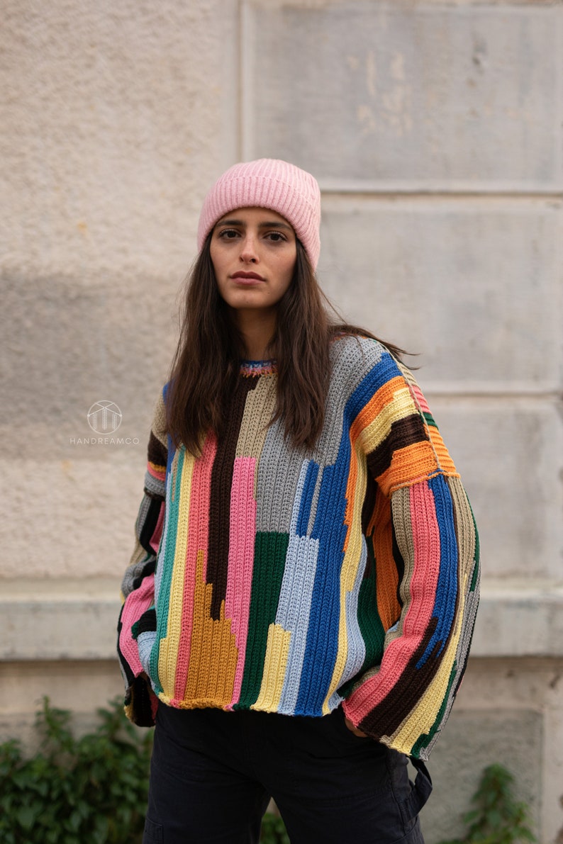 Rainbow Sweater, Handknit Sweater, Women's Handmade Jumper, Crochet Sweater, Colorful Cotton Sweater image 7
