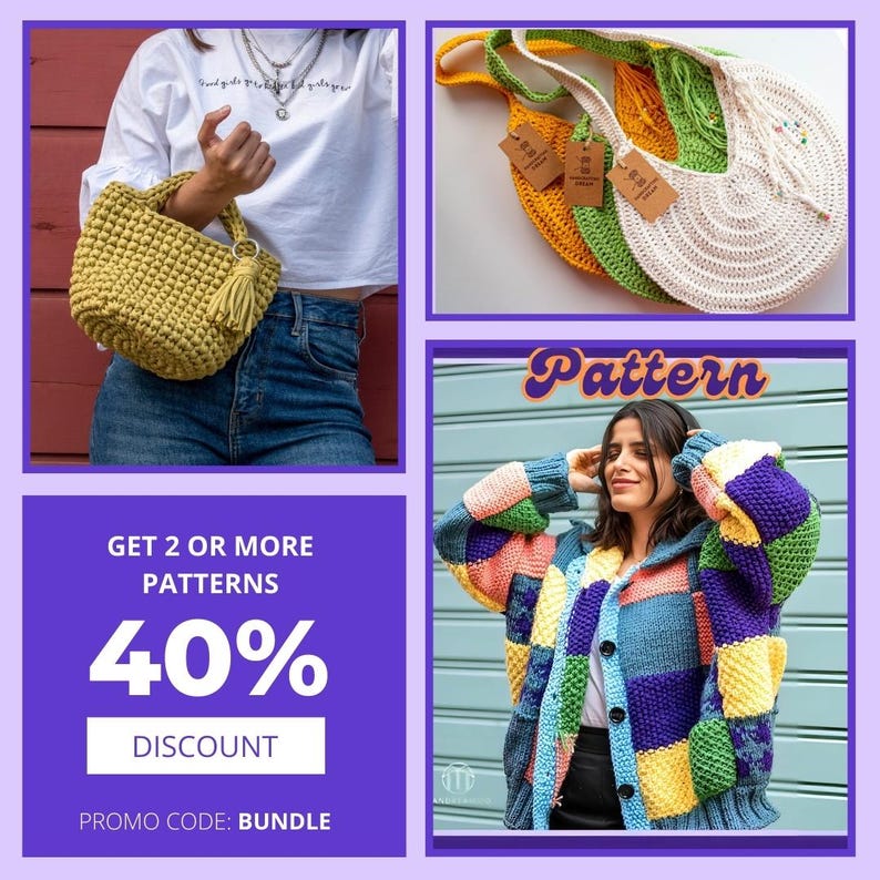 May include: The image showcases a variety of handmade crochet items. A mustard-colored handbag with a tassel, three crochet tote bags in yellow, green, and white, and a colorful patchwork cardigan are displayed. The image also includes text promoting a discount on patterns.