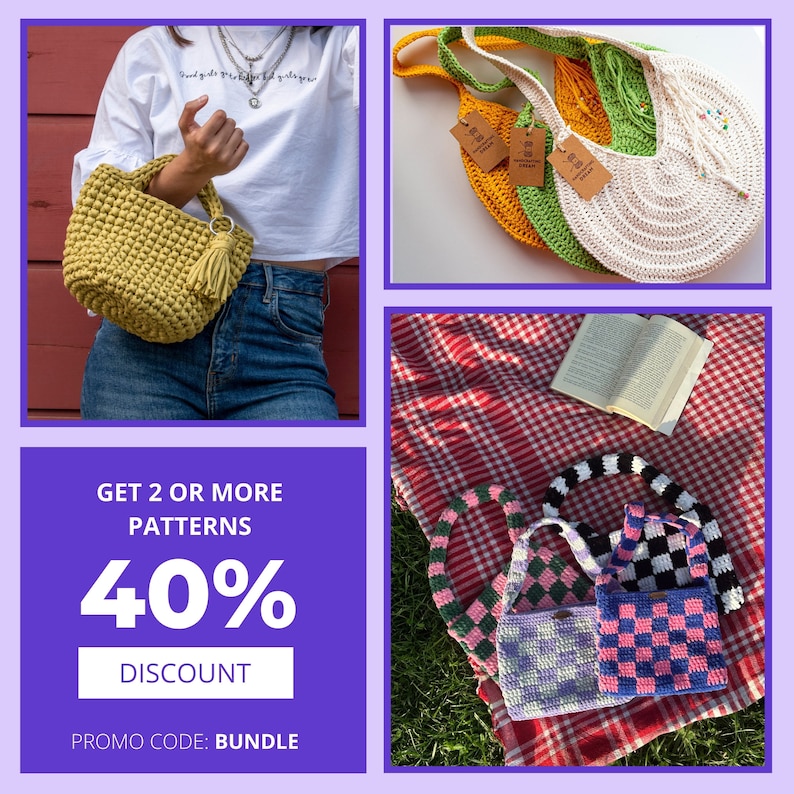 Pu&ograve; includere: Modelli di borse all'uncinetto con uno sconto del 40% all'acquisto di 2 o pi&ugrave; modelli. Utilizza il codice BUNDLE. L'immagine mostra una variet&agrave; di borse all'uncinetto in diversi colori e stili, tra cui una piccola borsa gialla, una grande borsa bianca e un set di tre borse pi&ugrave; piccole con motivi a scacchi.