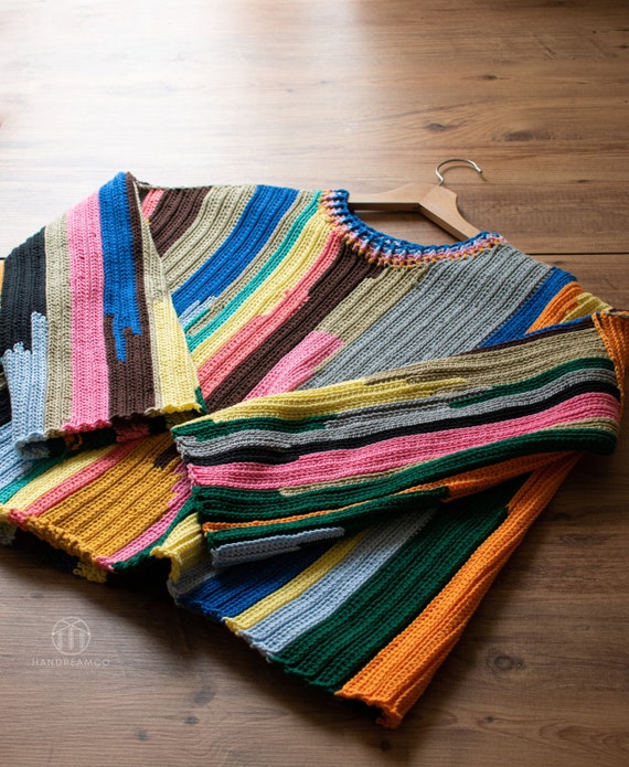 Rainbow Sweater, Handknit Sweater, Women's Handmade Jumper, Crochet Sweater, Colorful Cotton Sweater