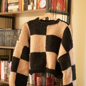 Hand Knit Sweater, Checkered Sweater, Color block jumper, Wool Cardigan, Chunky Sweater image 9