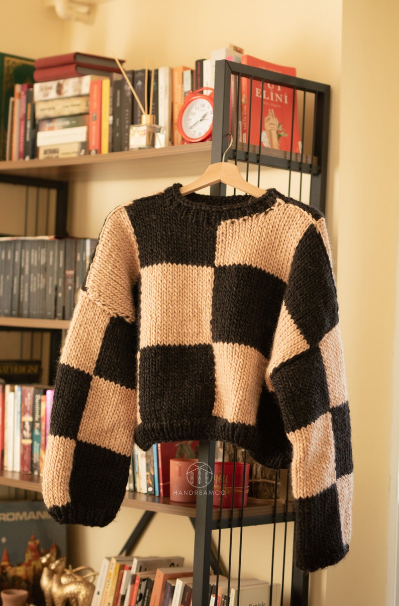 Hand Knit Sweater, Checkered Sweater, Color block jumper, Wool Cardigan, Chunky Sweater image 9