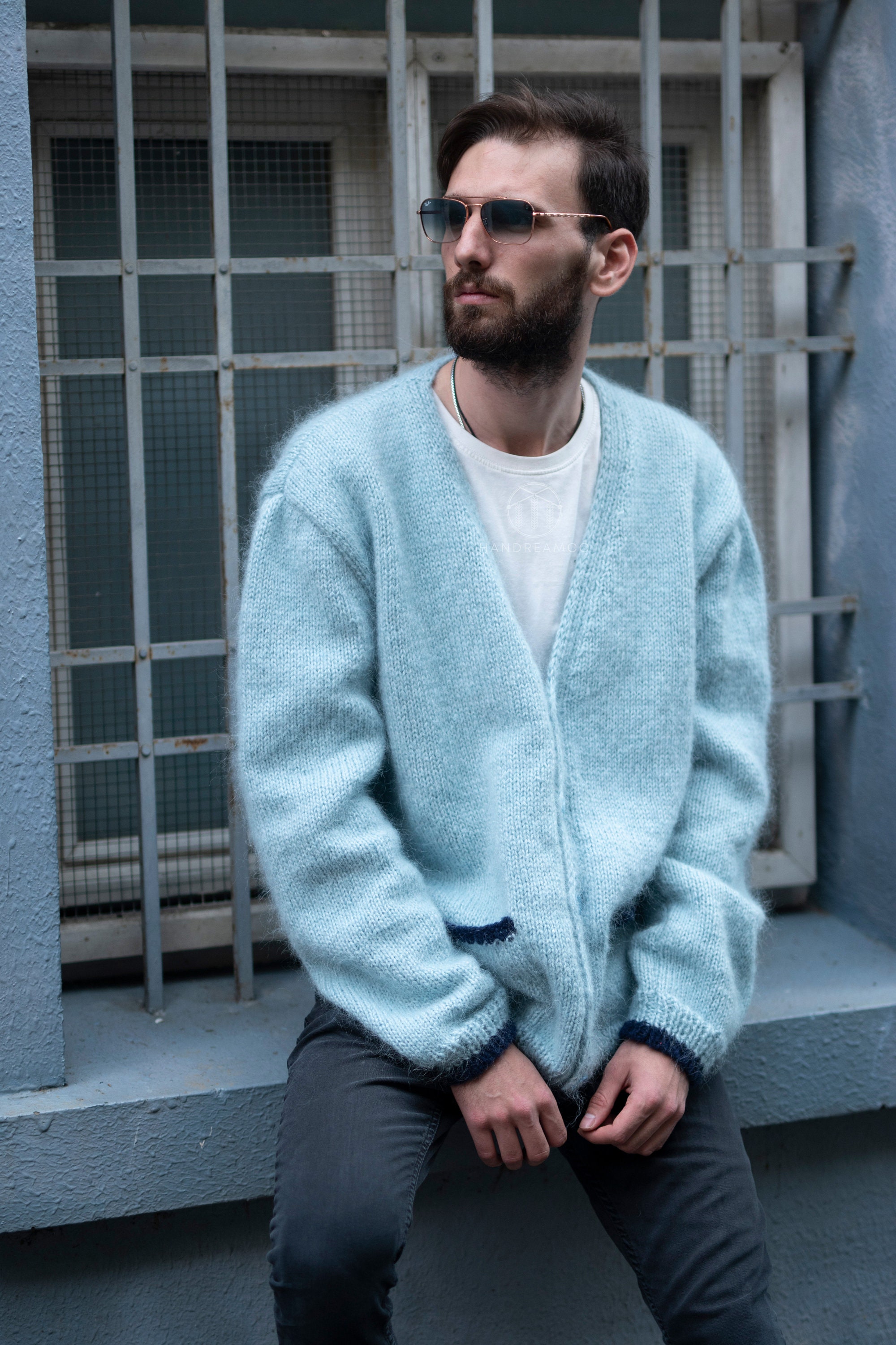 Blue Mohair Cardigan, Kurt Cobain Cardigan, Mens Blue Blue Mohair Cardigan, Kurt Cobain Cardigan, Mens Blue