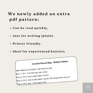 May include: Cream-colored image with text announcing a new PDF pattern. The text includes bullet points about the pattern's features, such as being quick to read and printer-friendly. A smaller box displays crochet instructions.