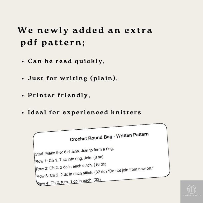 May include: Cream-colored image with text announcing a new PDF pattern. The text includes bullet points about the pattern's features, such as being quick to read and printer-friendly. A smaller box displays crochet instructions.