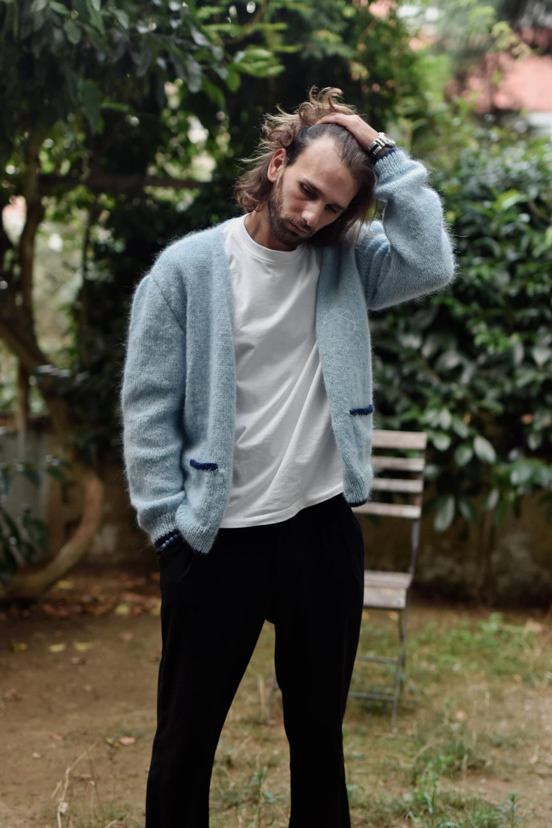 Blue Mohair Cardigan, Kurt Cobain Cardigan, Mens Blue Cardigan